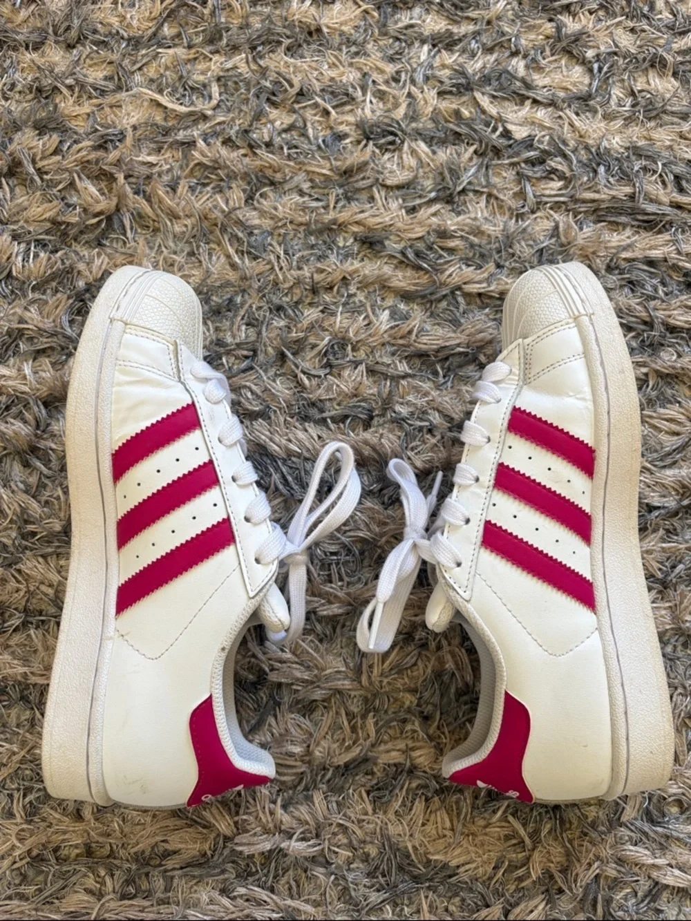 Adidas Superstar White Sneakers with Pink Stripes Fit Women’s 6